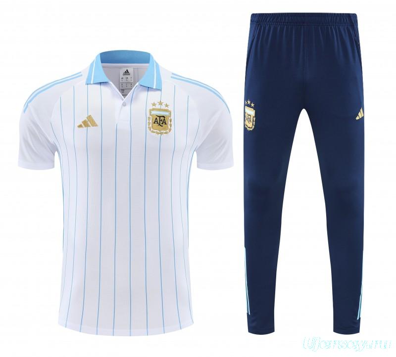 26/27 Argentina White Stripes Polo Training Shirt + Navy Blue Long Pants Tracksuit
