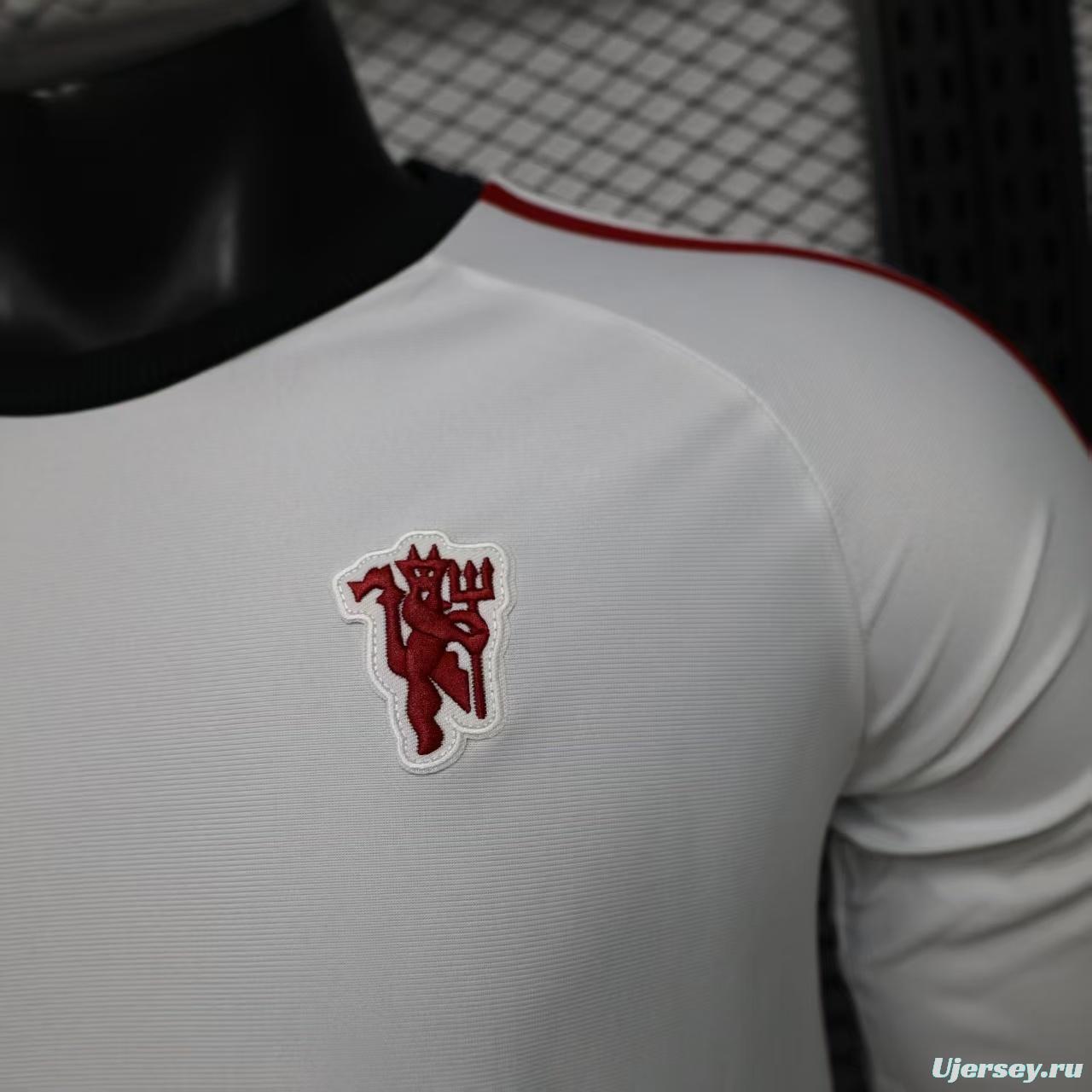 Player Version 2026 Manchester United Away White with  Red Shoulder Stripe Long Sleeve Jersey