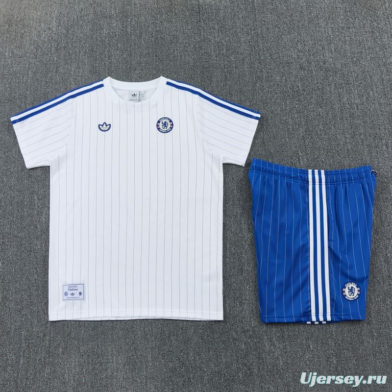 26/27 Chelsea FC White Stripes Short Sleeve+Blue Soccer Shorts