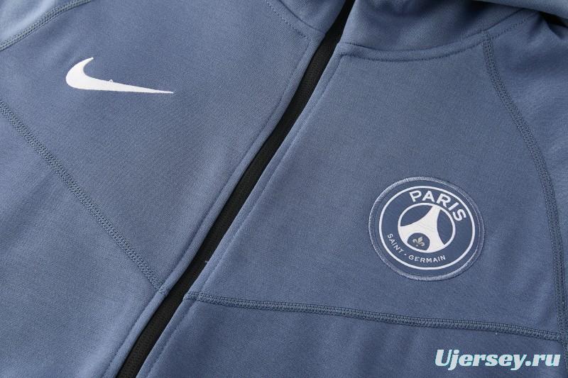 26/27  Paris Saint-Germain Steel Blue Full Zipper Hooded Jacket Tracksuit + Long Pants