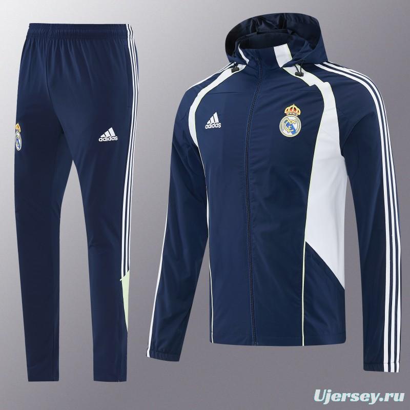 26/27 Real Madrid Navy Blue Full Zipper Hooded Windbreaker Tracksuit + Long Pants