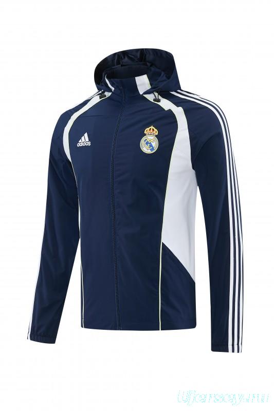 26/27 Real Madrid Navy Blue Full Zipper Hooded Windbreaker Tracksuit + Long Pants
