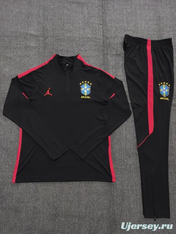26/27 Kids Brazil Black & Red Half Zipper Jacket Tracksuit + Long Pants