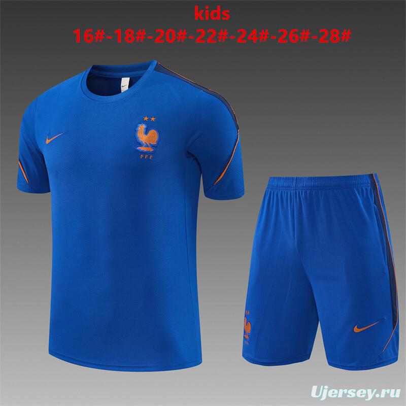 2026 Kids France Blue & Orange Short Sleeve+Soccer Shorts