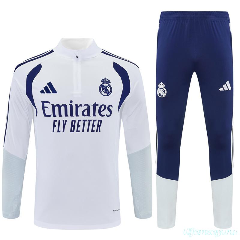 26/27 Kids Real Madrid Home White Half Zipper Jacket Tracksuit + Long Pants