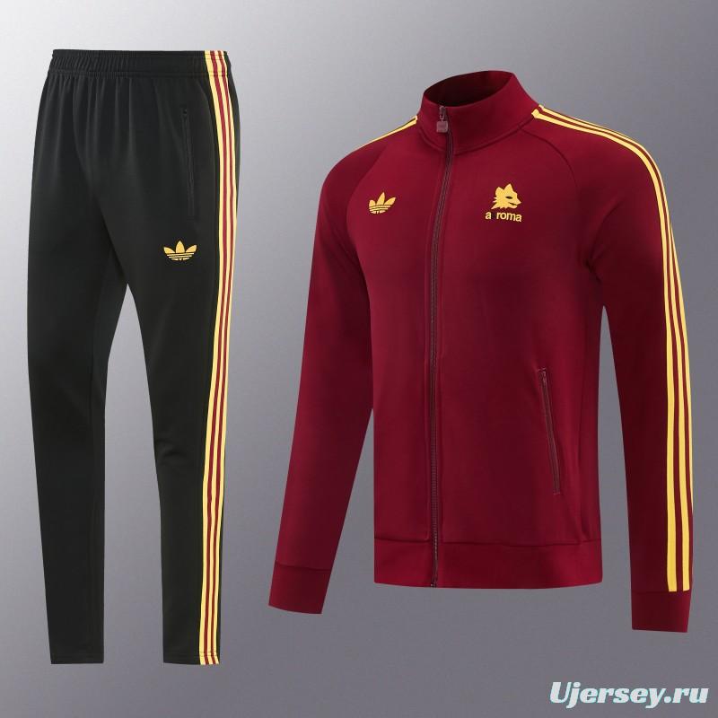 2026/27 AS Roma Burgundy & Gold Full Zipper Jacket Tracksuit +Black  Long Pants