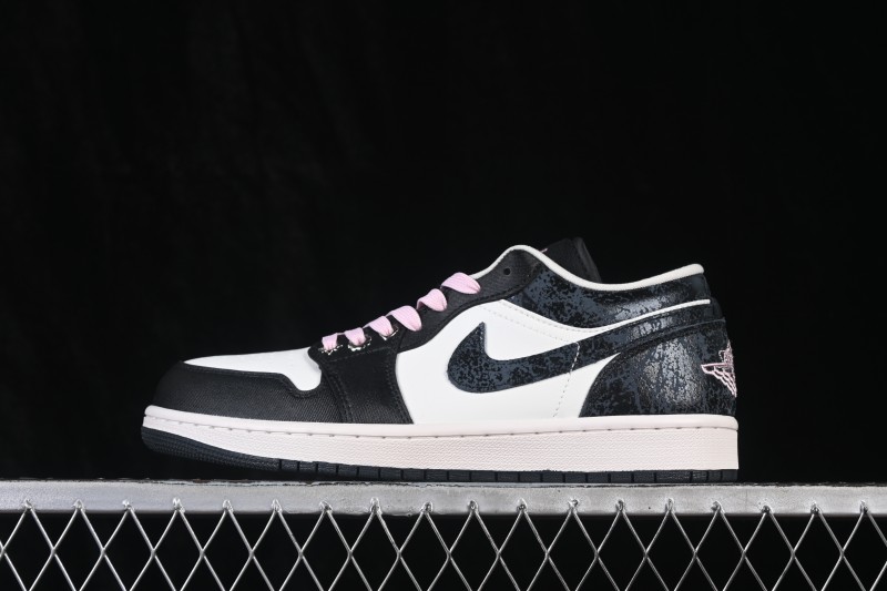 Nike Air Jordan 1 Low Retro Basketball Shoes with Cracked Leather and Black-White Colorway - II0595-001