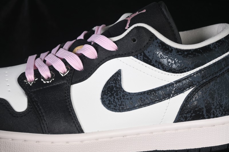 Nike Air Jordan 1 Low Retro Basketball Shoes with Cracked Leather and Black-White Colorway - II0595-001