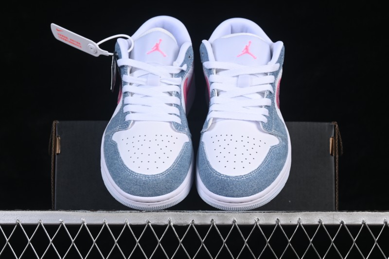 Nike Air Jordan 1 Low Basketball Lifestyle Shoes with Pastel Denim and Pink Rhinestone Swoosh - HQ2001-400