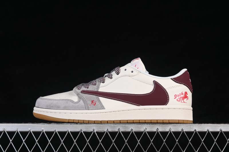Nike Travis Scott x Fragment Design x Air Jordan 1 Low OG SP White Grey Wine Red Lifestyle Casual Sneakers - MY9969-802