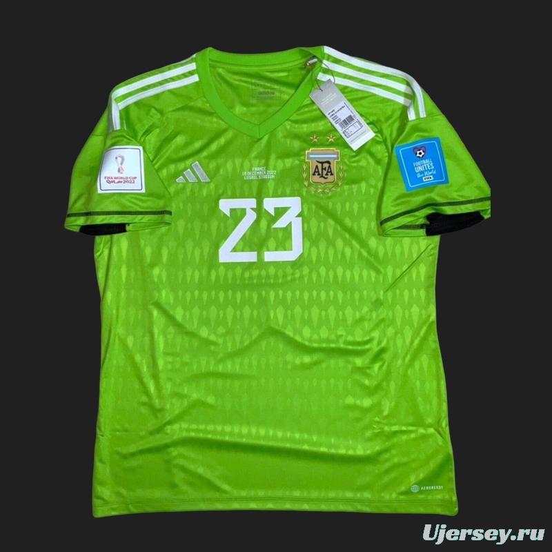 3 Stars 2023 Argentina Green E.Martinez Goalkeeper Final Match Jersey With Full Patches