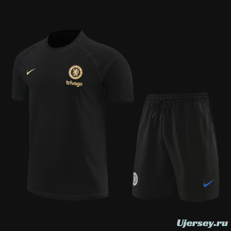 23/24 Chelsea Black Cotton Short Sleeve Jersey+Shorts