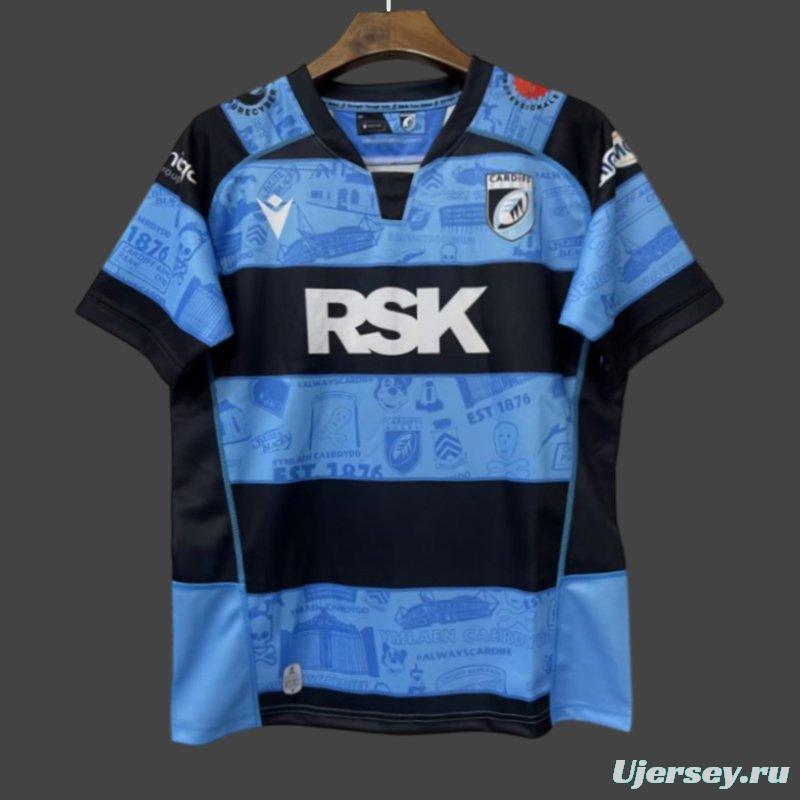 25/26 Cardiff Rugby Sky Blue with Navy Hoops and Heritage Print Jersey