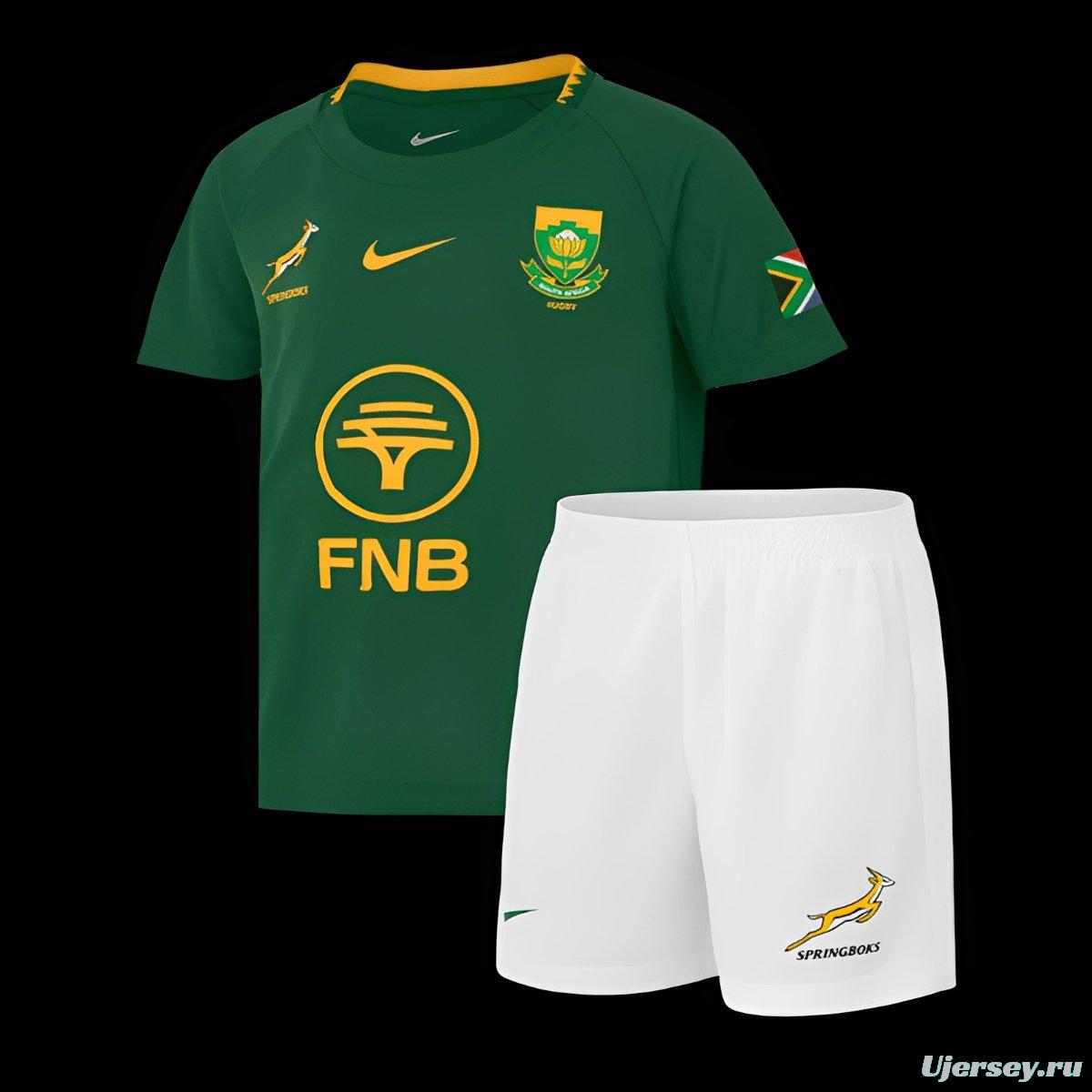 2026 Kids South Africa Home Springboks Green with Gold Trim Rugby Jersey