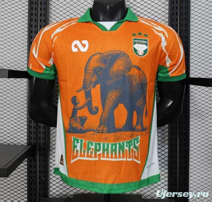 Player Version 2025 Ivory Coast Orange with Elephant Graphic and Green Accents Jersey