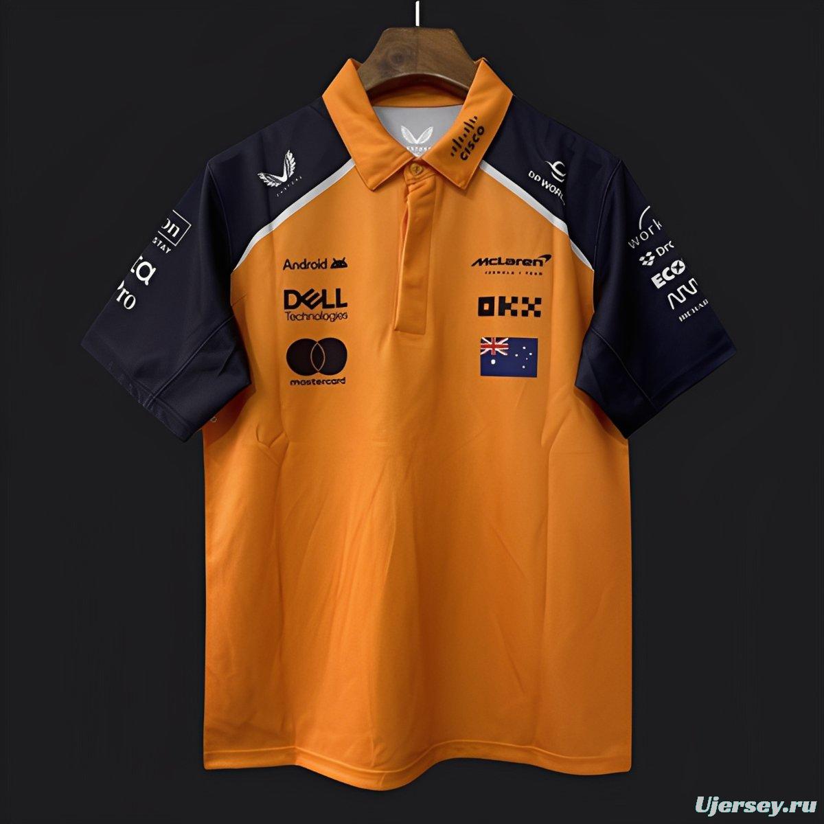 2026 F1 McLaren Racing Papaya Orange with Navy Blue Raglan Sleeves Polo Jersey