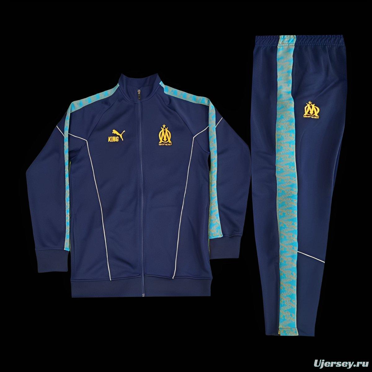 25/26 Olympique Marseille Navy Blue with Sky Blue Stripes Full Zipper Jacket Tracksuit +Long Pants