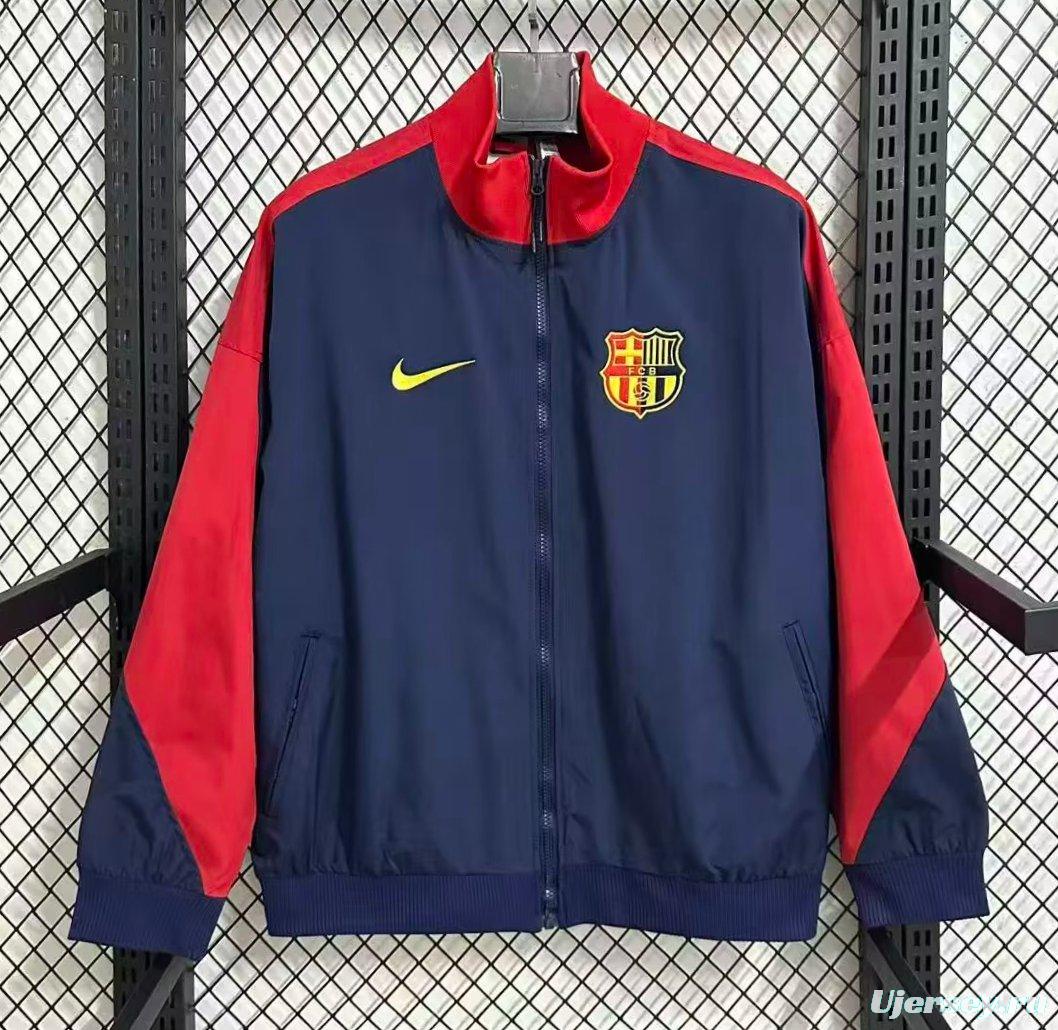 25/26 Barcelona Navy Blue with Red Color Block Full Zipper Windbreaker
