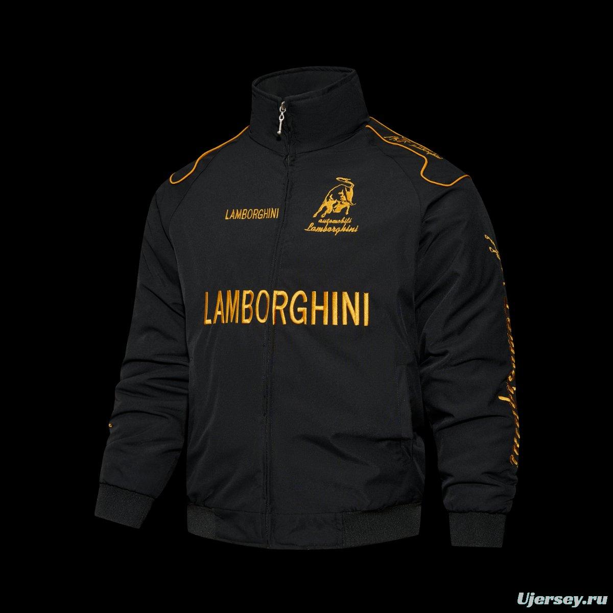 2026 F1 Lamborghini Automobili Black Racing Jacket with Gold Bull Logo Embroidery and Piping Details