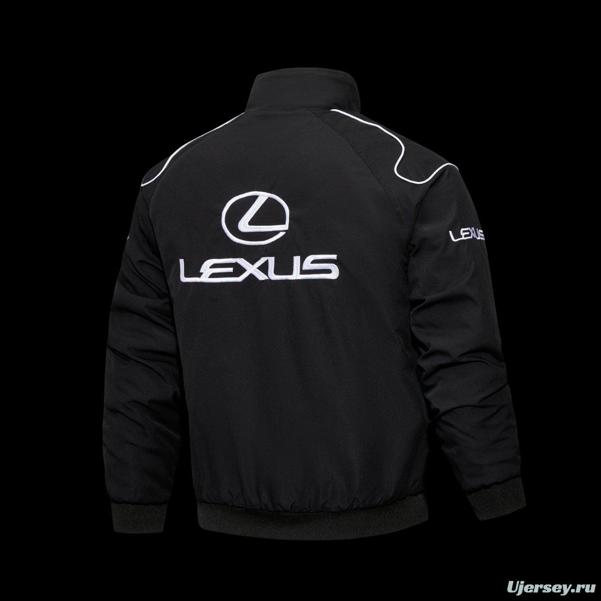 2026 F1 Lexus Black Racing Jacket with White Logo Embroidery and Piping Details
