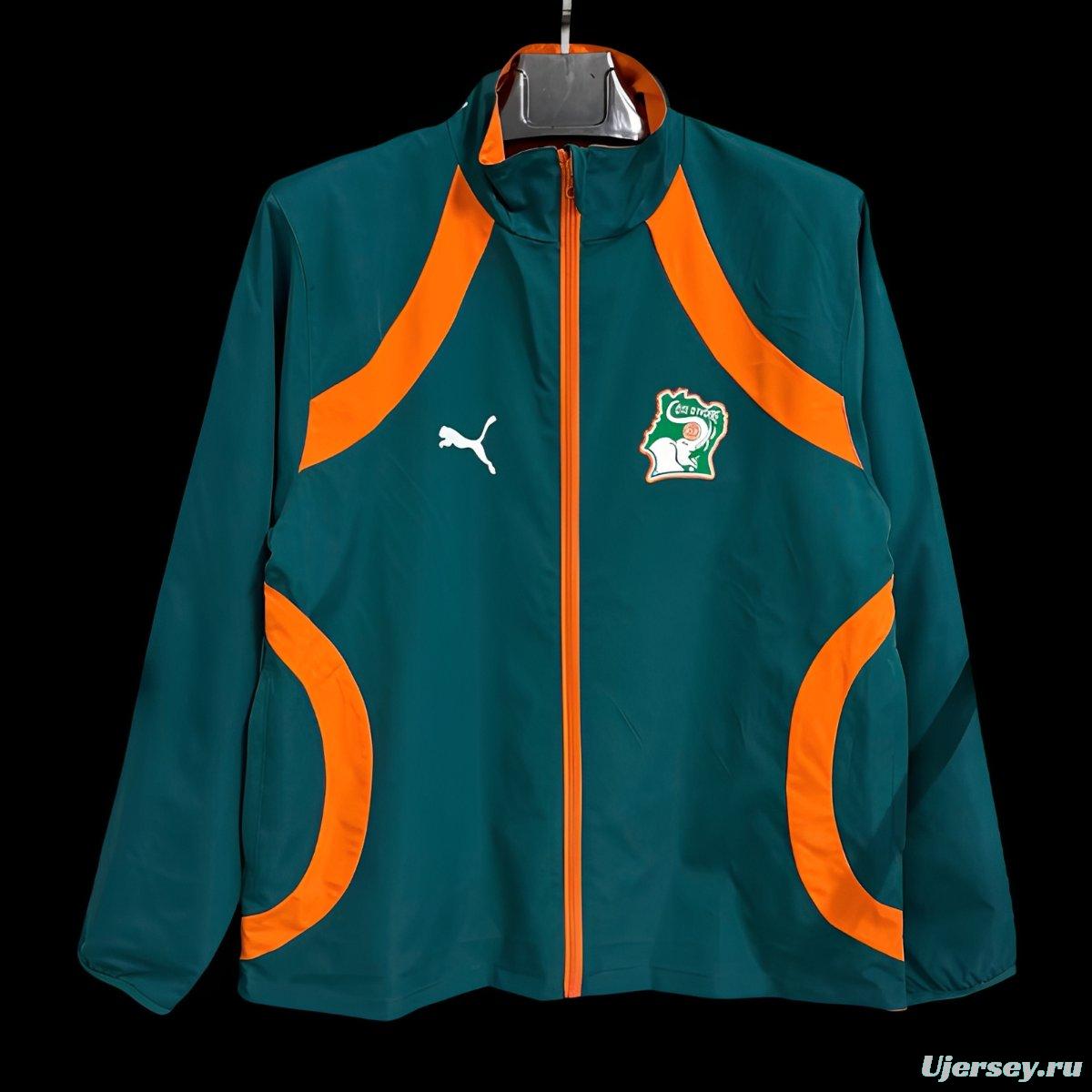 2026 Ivory Coast Teal Green with Orange Curved Stripes Full Zipper Windbreaker