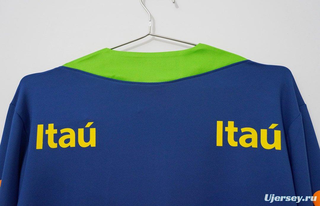 2024 Brazil Navy Blue with Lime Green Long Sleeve Half-Zip Training Top