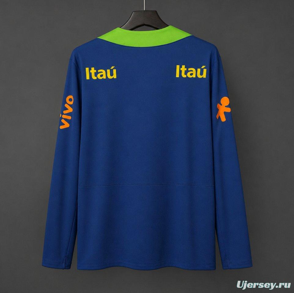 2024 Brazil Navy Blue with Lime Green Long Sleeve Half-Zip Training Top