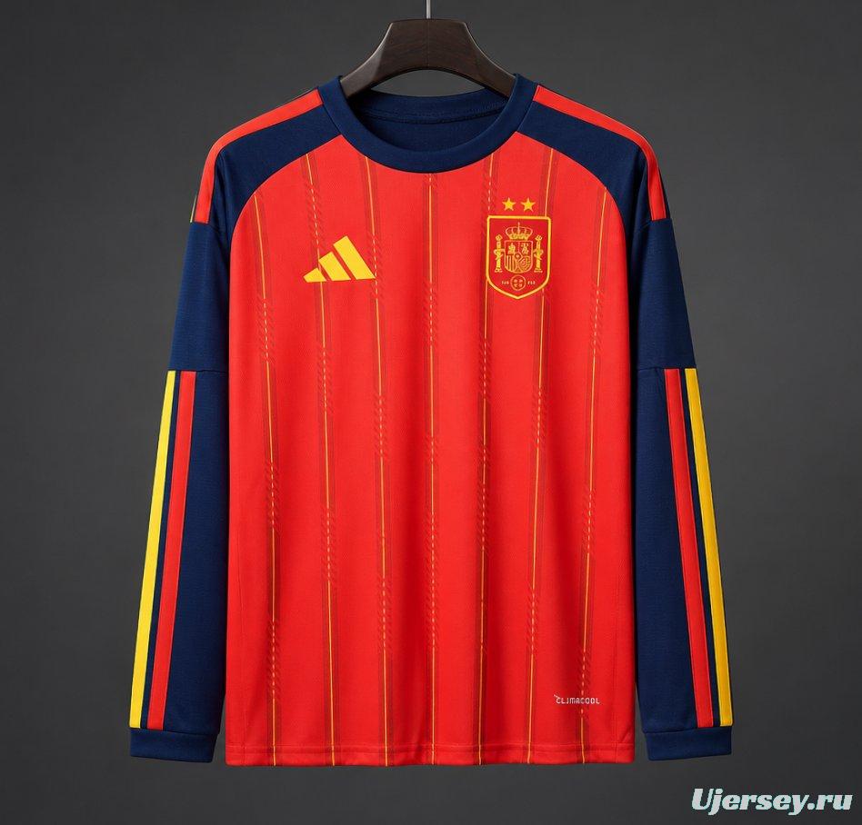 2 Star 2026 Spain Home Long Sleeve Jersey With Champion Patch